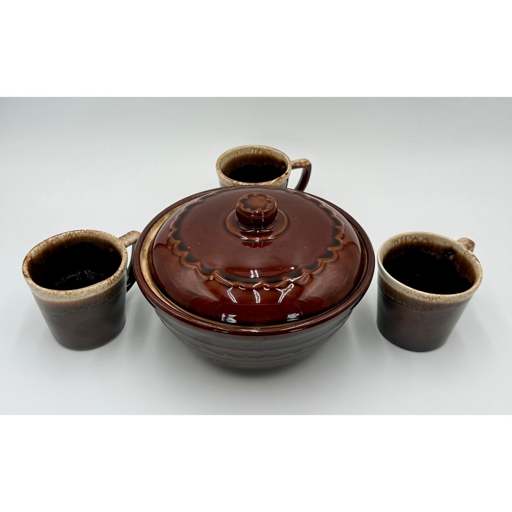 McCoy USA Vintage Brown Drip Glaze Casserole Covered Bowl and 3 Mugs Set